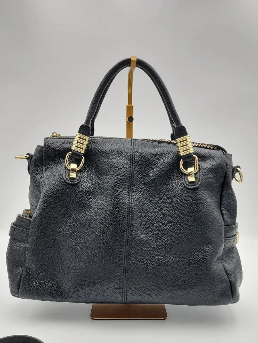 Paste Black Leather Structured Tote Bag with Gold Hardware